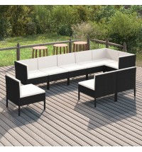 9 Piece Patio Lounge Set with Cushions Poly Rattan Black