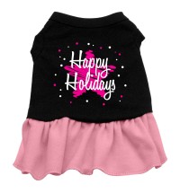 Scribble Happy Holidays Screen Print Dress Black with Pink Lg